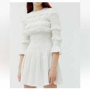 Tach Clothing Smocked Mini Dress White Size S Long Sleeve Cotton Stretch lined